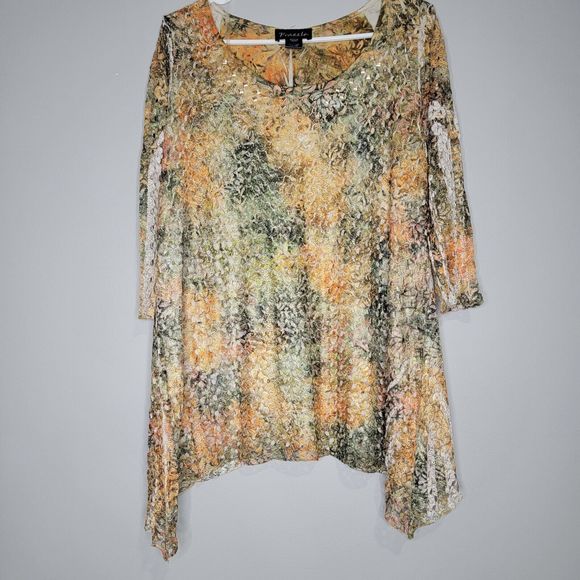 Women's Frazzle‎ Sheer Layered 3/4 Sleeve Multicolor Blouse Detail Size Large - Picture 1 of 10